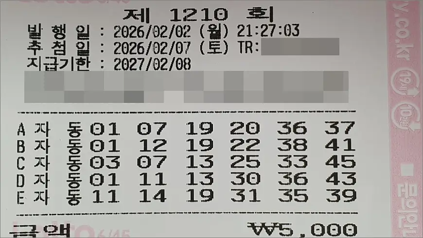로또 1210회 구입 자동 5천원